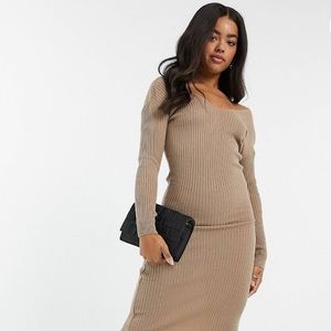 New. Asos Tan Knitted Midi Dress.